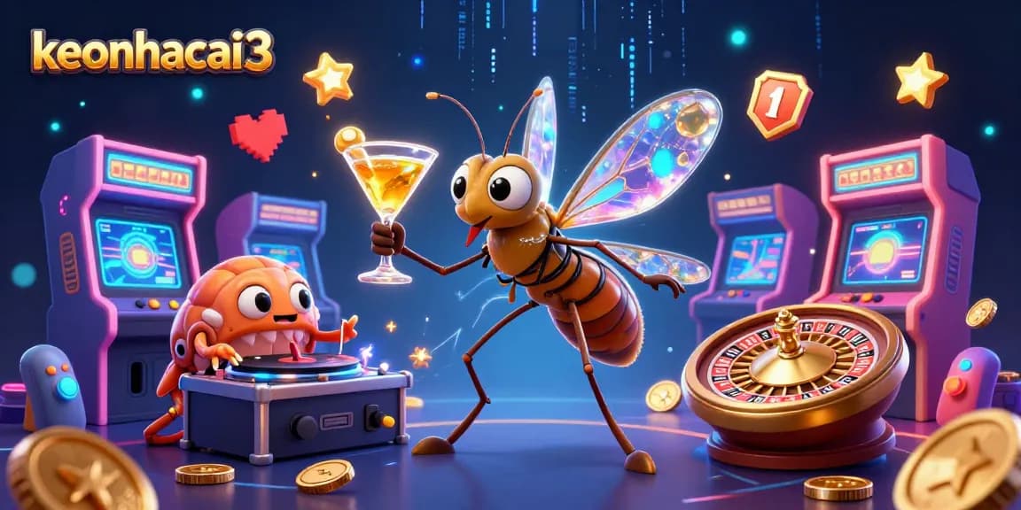 Experience entertainment thrills with keonhacai3, showcasing a dynamic 3D casino scene filled with vibrant gaming elements and characters.