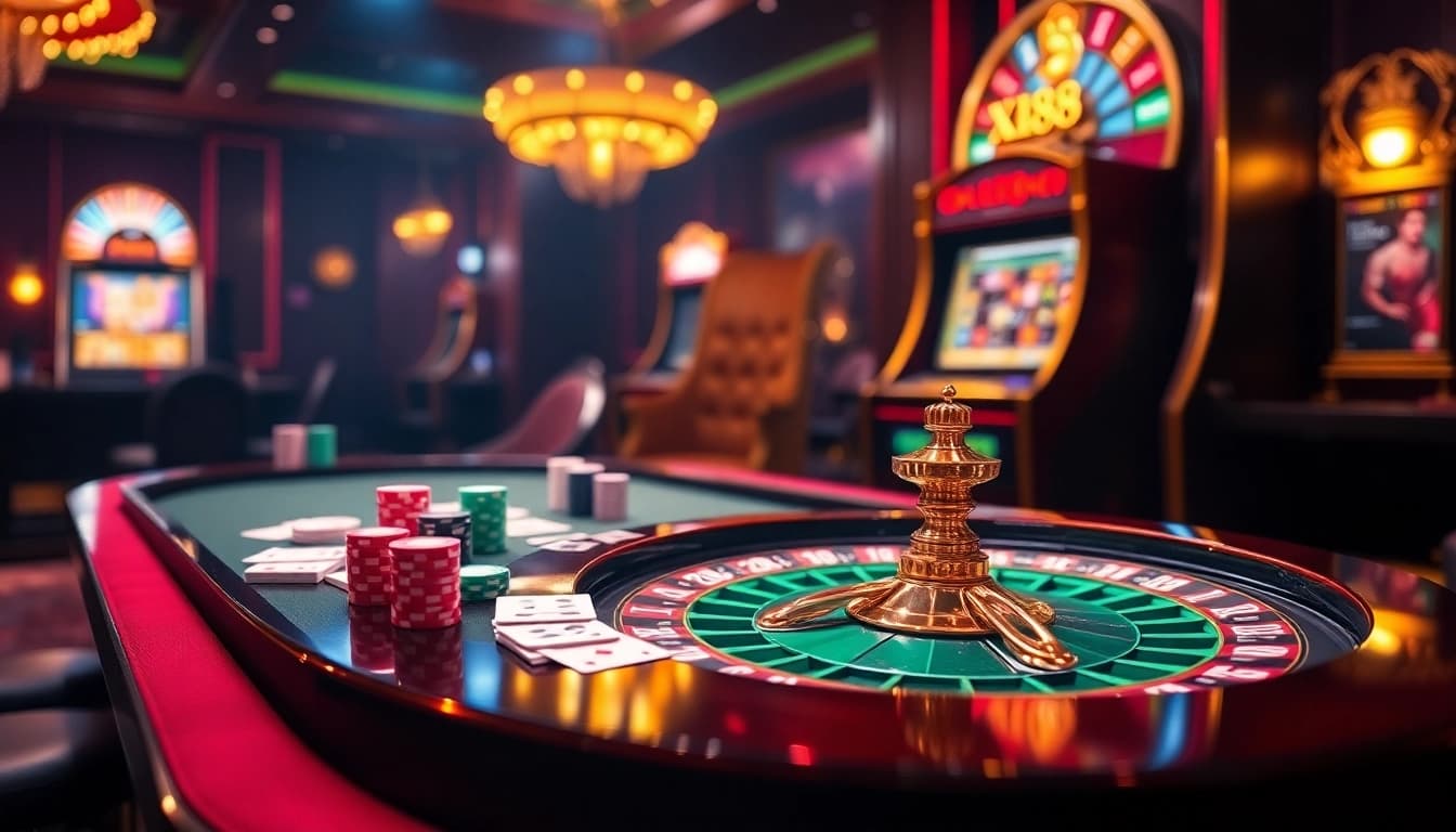 Experience the thrill of xin88 with an elegant casino gaming scene showcasing poker chips and cards.