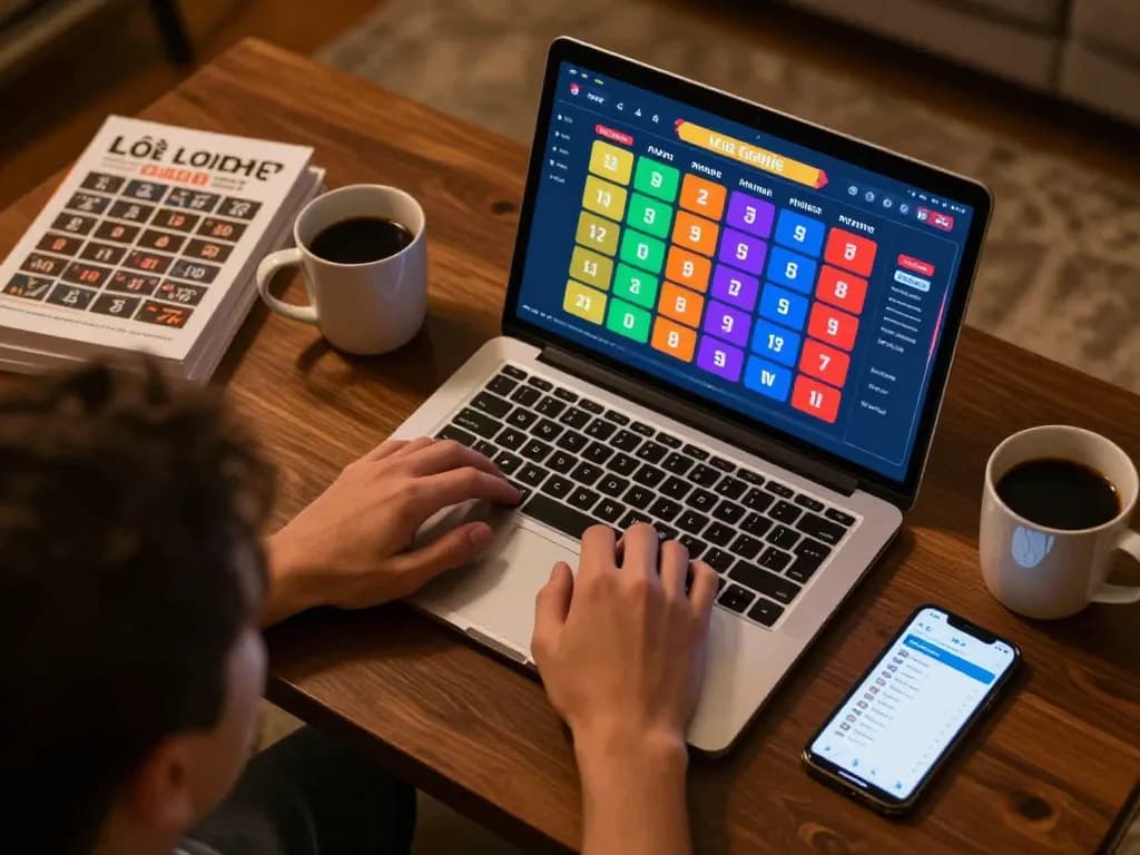 Lô đề online engagement on a laptop with vibrant betting interface and strategy books.