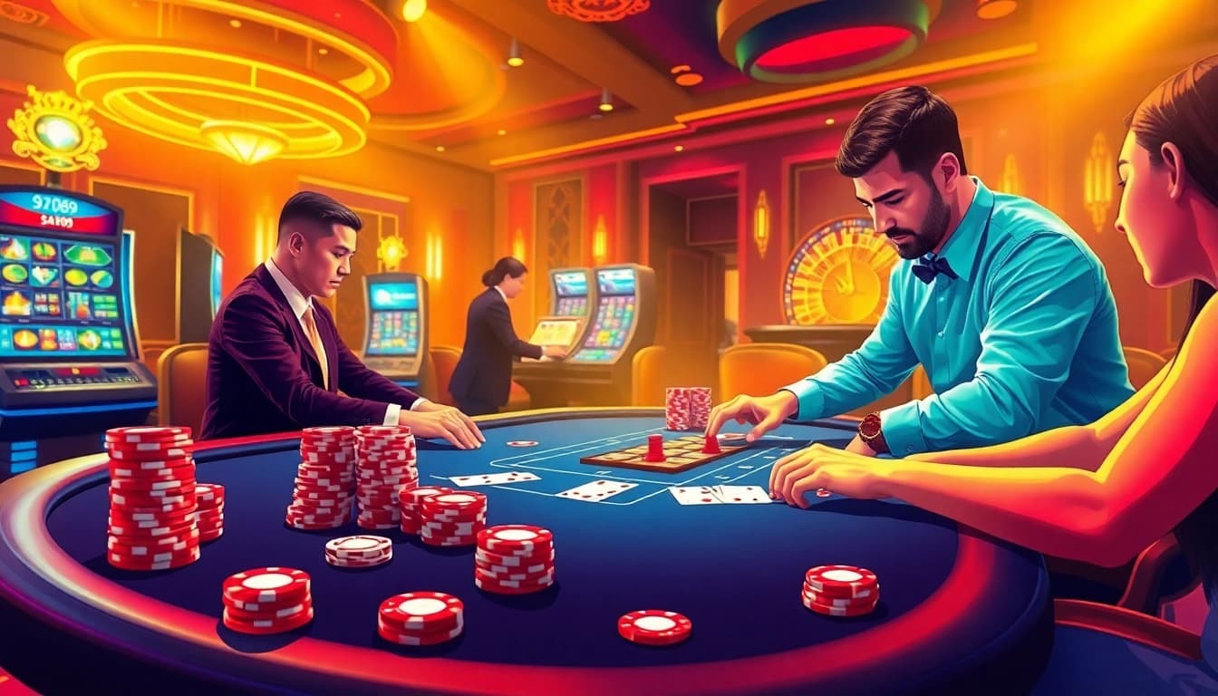 Sao789 players enjoying an exciting casino atmosphere with poker chips and cards.