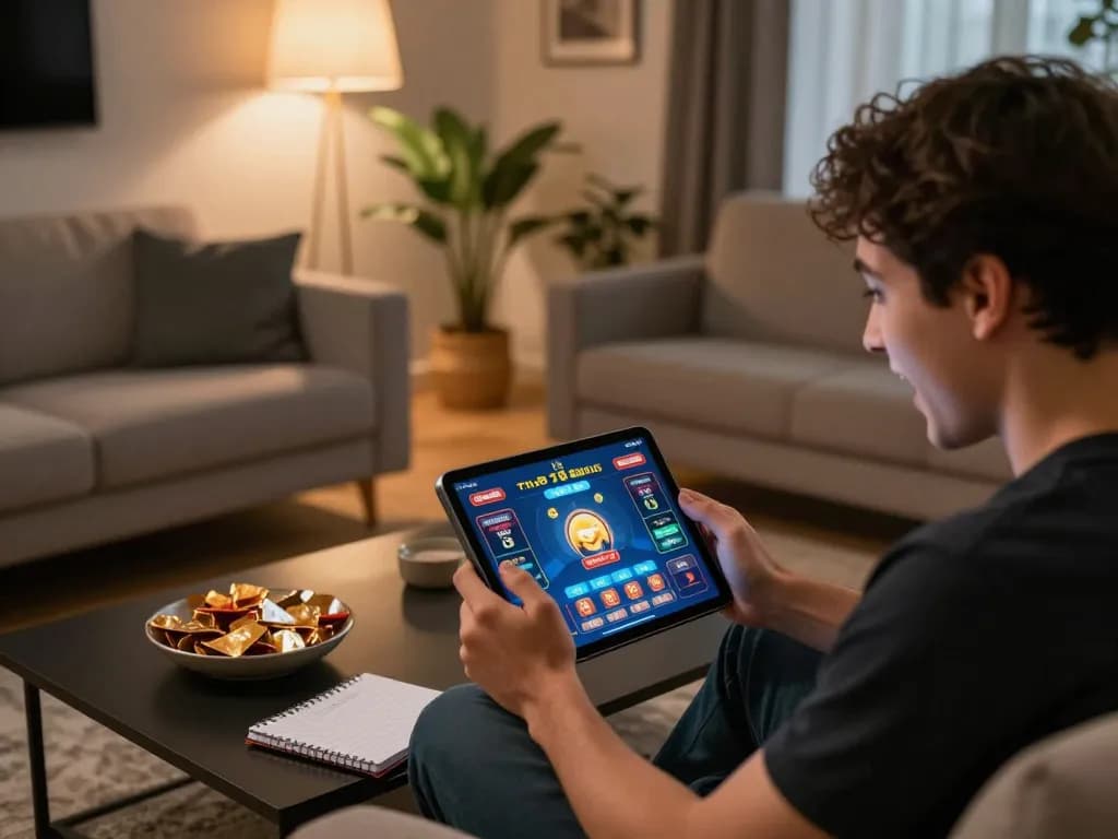 TR88 players engaging in online casino gaming from a cozy home setting, showcasing a laptop