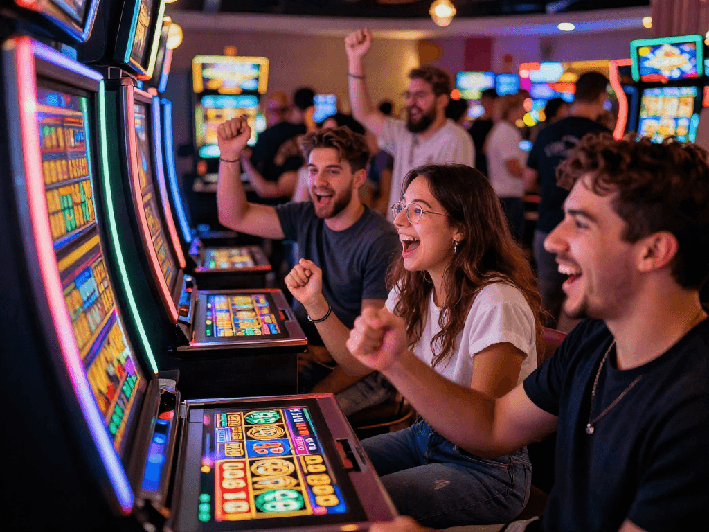Group of friends celebrating near a toto slot machine in a lively casino.