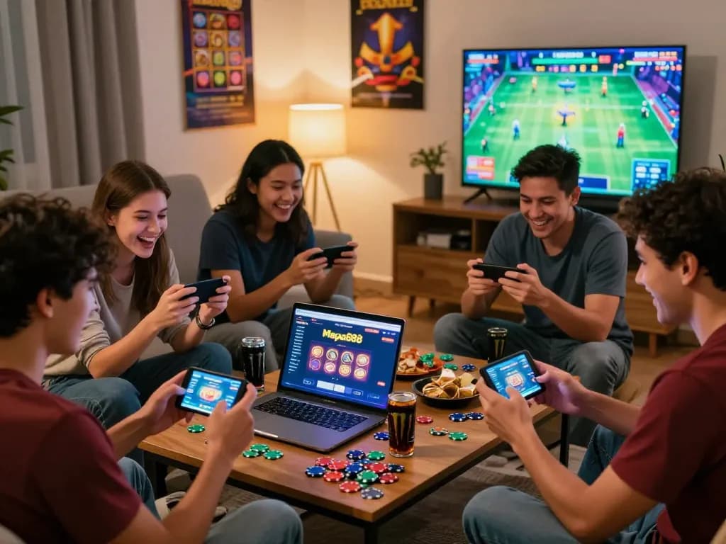 Cheerful friends enjoying free credit Mega888 game night with snacks, colorful poker chips, and mobile devices in a cozy living room setting.