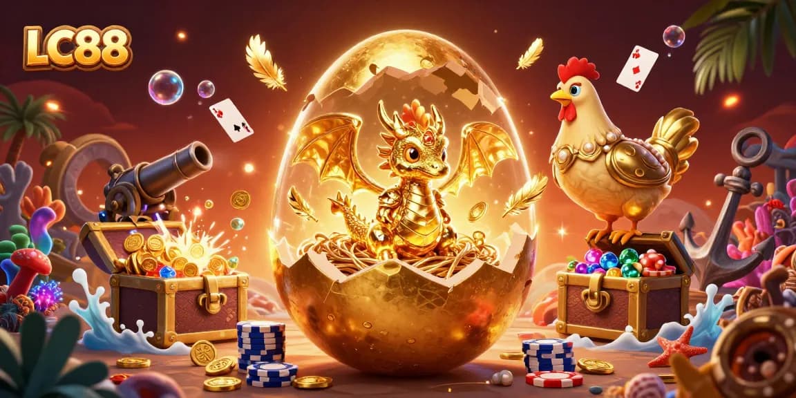 Experience the excitement of LC88 with a dazzling golden dragon, poker chips, and vivid casino elements.