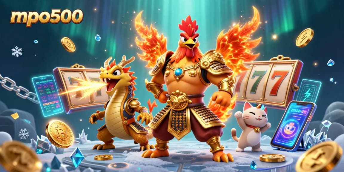 Experience thrilling play at mpo500 with vibrant 3D illustration featuring a rooster warrior and dragon hatchling.