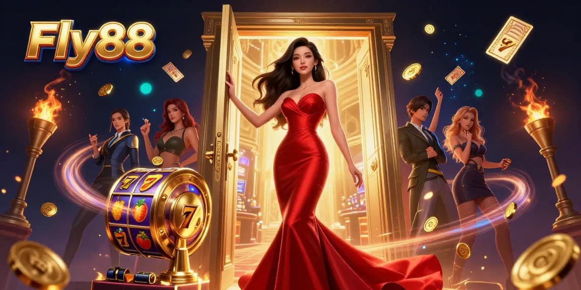 Engage with Fly88's thrilling casino experience featuring a captivating scene full of vibrant slot game elements.