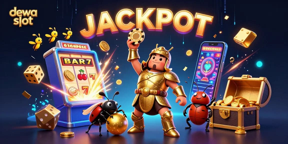 Dewa slot memberikan kemenangan dengan mesin slot yang berlian, beetle pahlawan dan efek cahaya menang di jackpot