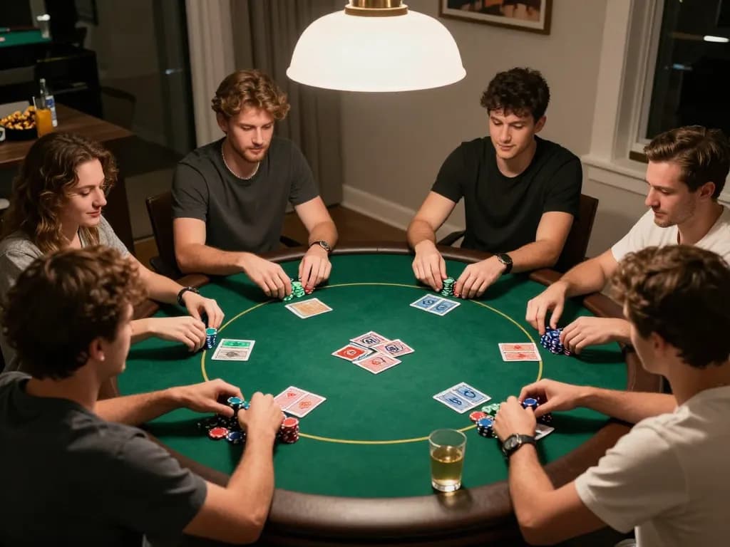 Players enjoying a lively poker game at home, capturing the excitement and strategy of luck8 net.