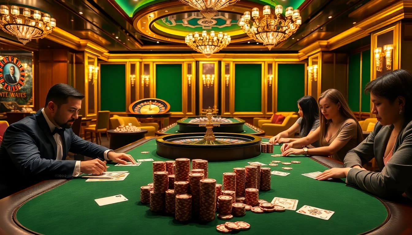 Experience the thrilling atmosphere of 11WIN as players engage in high-stakes poker, surrounded by dazzling casino decor.