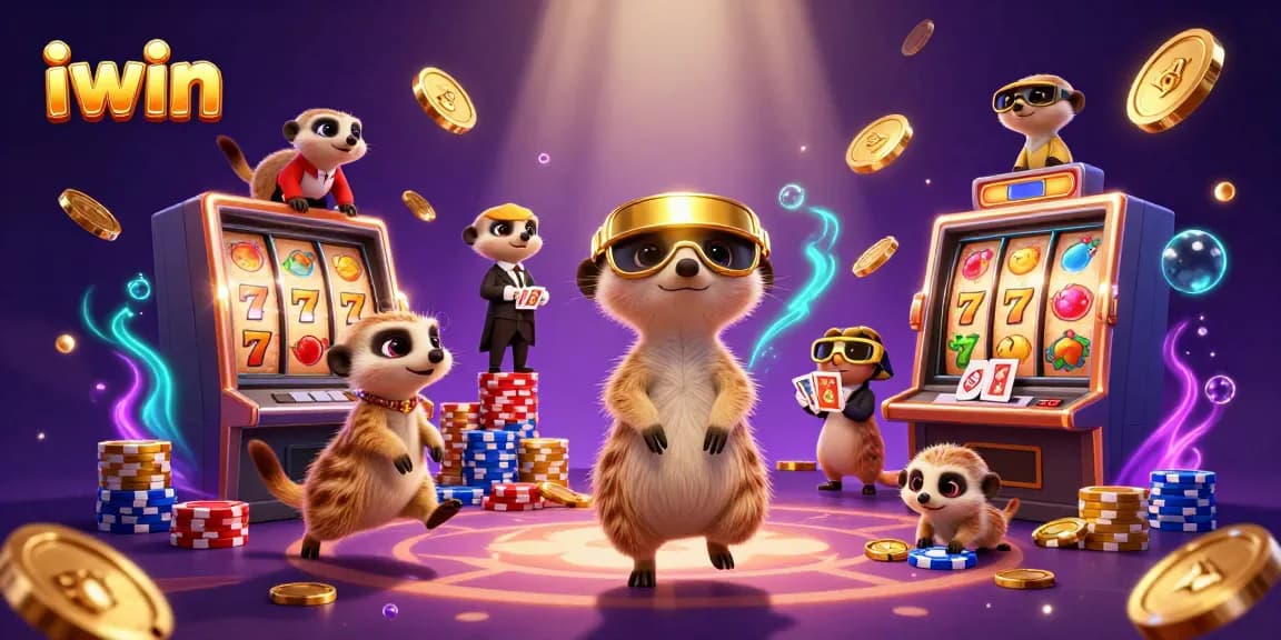 Engage with iwin's vibrant casino energy featuring meerkats operating slot machines and games.