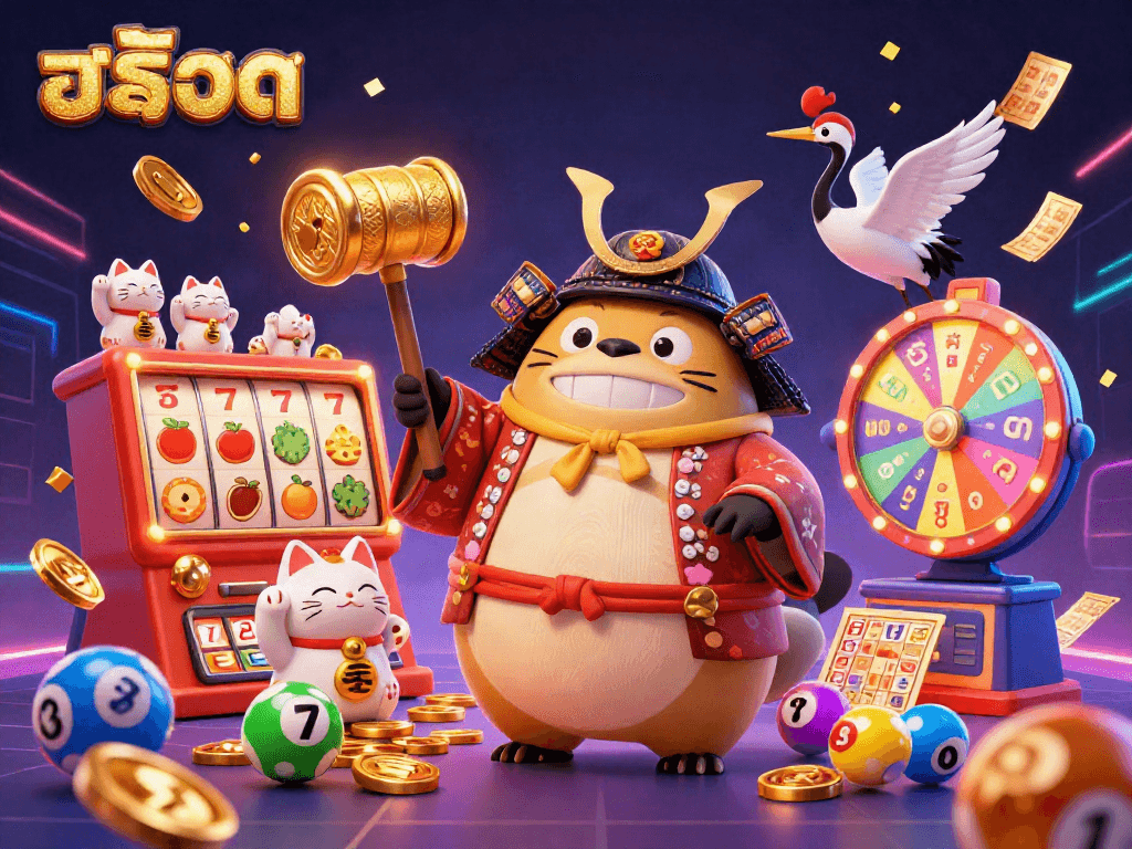 Play exciting สล็อต games with colorful characters and dynamic elements in a festive casino scene.