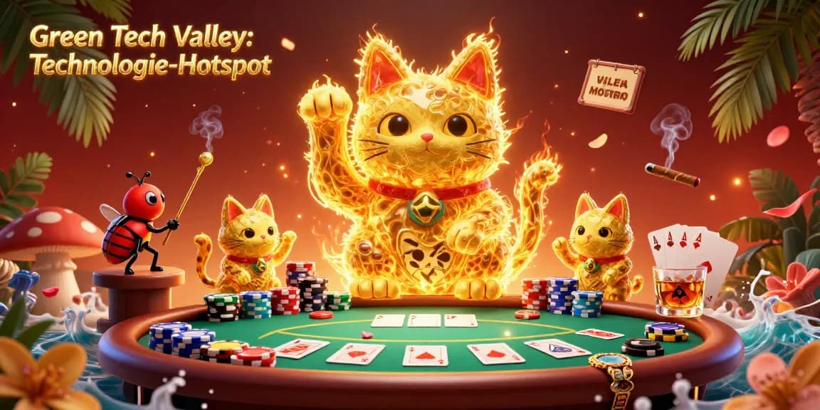 Engage with the vibrant atmosphere in the Green Tech Valley: Technologie-Hotspot as golden fireflies form a lucky cat amidst casino excitement.