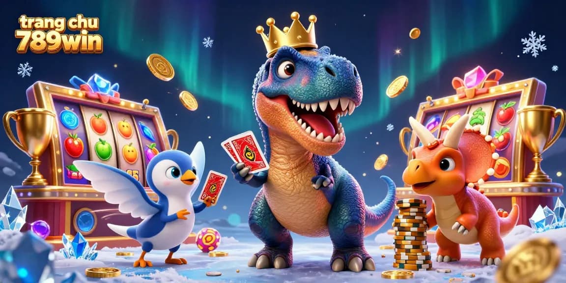 Experience the thrill of gaming action with trang chu 789win, featuring fun characters in a vibrant casino setting.