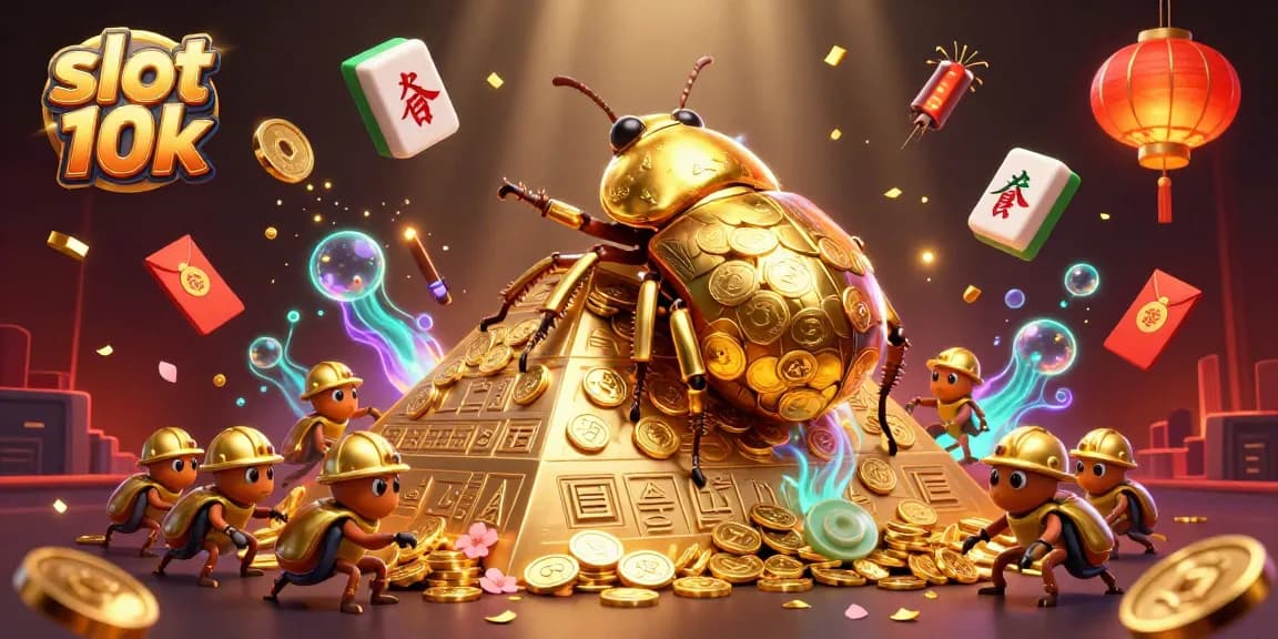 Experience thrilling action and jackpots in slot 10k featuring golden beetles and vibrant casino symbols.