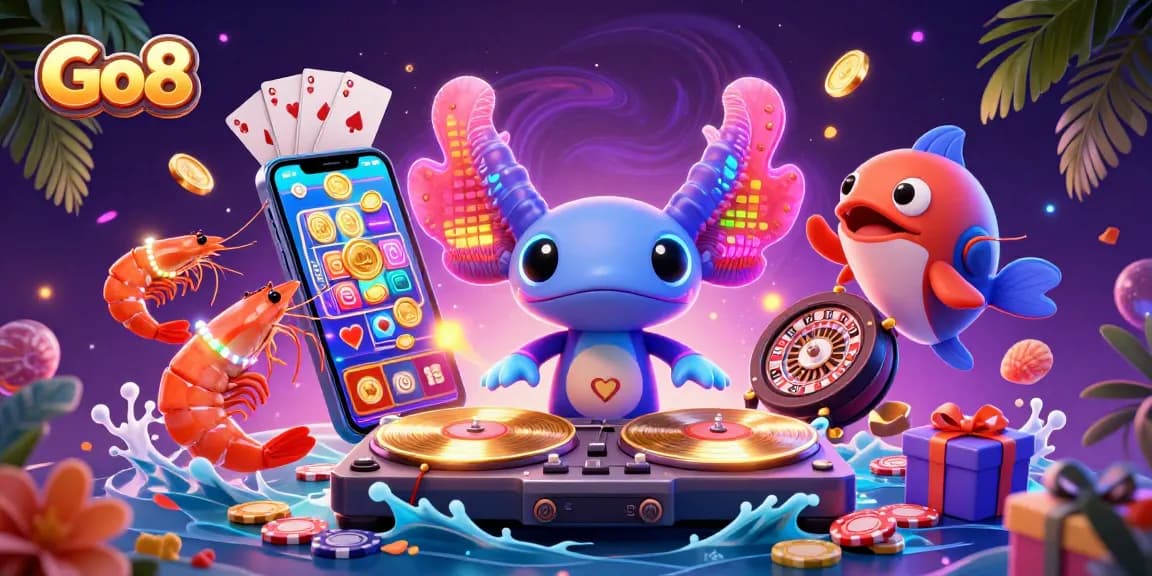 Engage in thrilling Go8 adventures with colorful slot games and underwater characters in a vibrant casino scene.