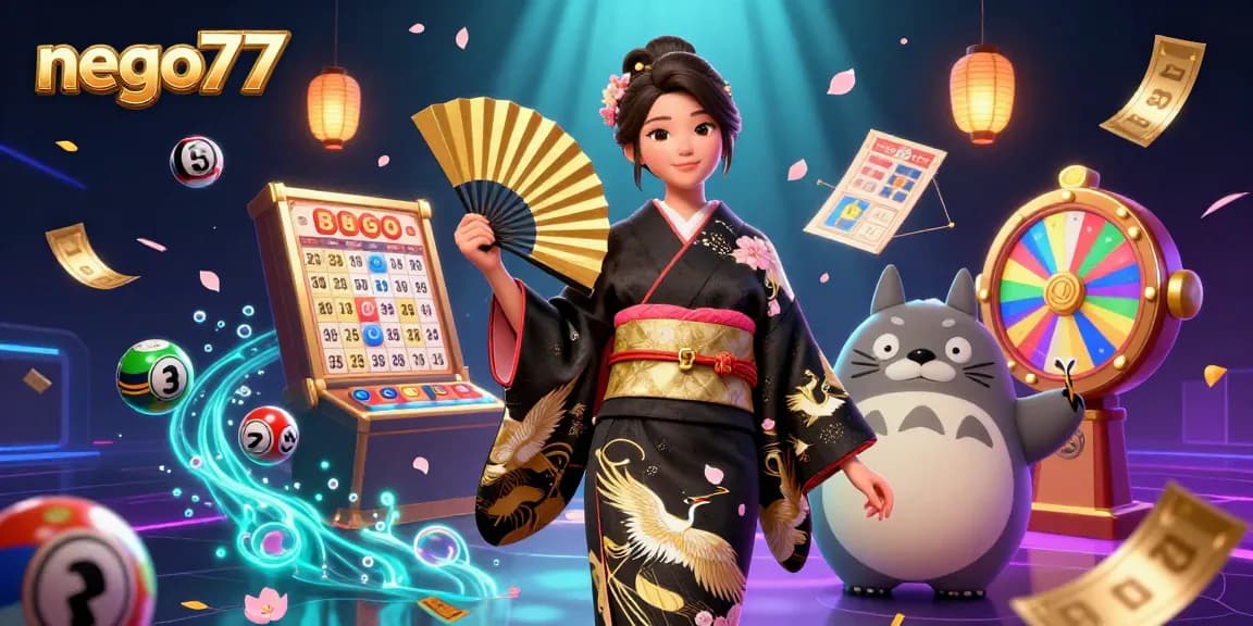 Nego77 showcases a captivating scene with a Japanese woman and a tanuki among vibrant lottery elements for online gambling excitement.