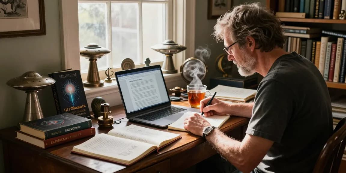 T Allen Greenfield at his writing desk, exploring spirituality and UFO themes for https://tallengreenfield.com.