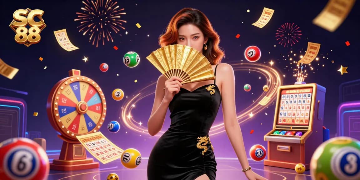Experience SC 88 excitement with vibrant lottery elements and a captivating Asian woman in 3D illustration.