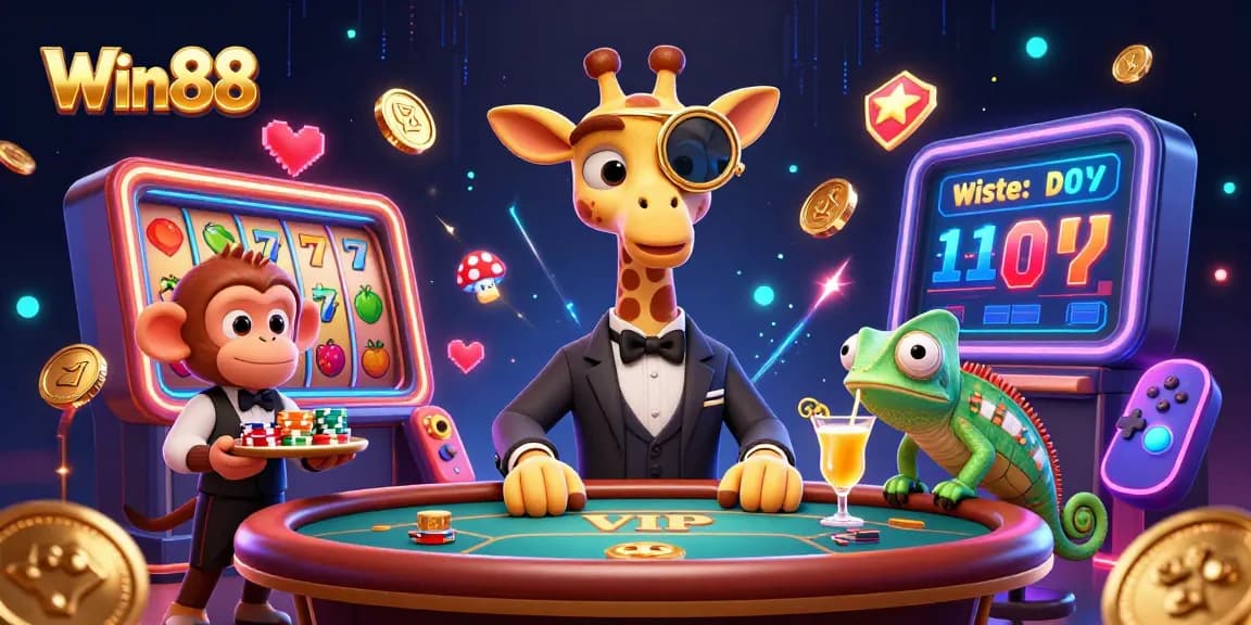 Win88 showcases thrilling casino action with a high-roller giraffe and vibrant slot elements