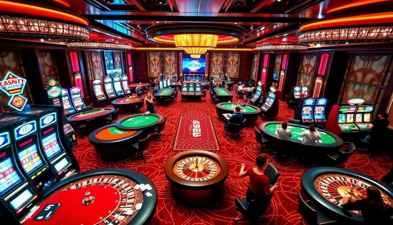 Players enjoying poker and slots at MB66 casino, showcasing excitement and luxury.