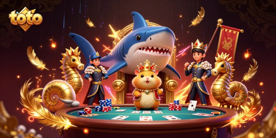Win big at a poker game with toto, a fierce hamster king in a lavish casino setting.