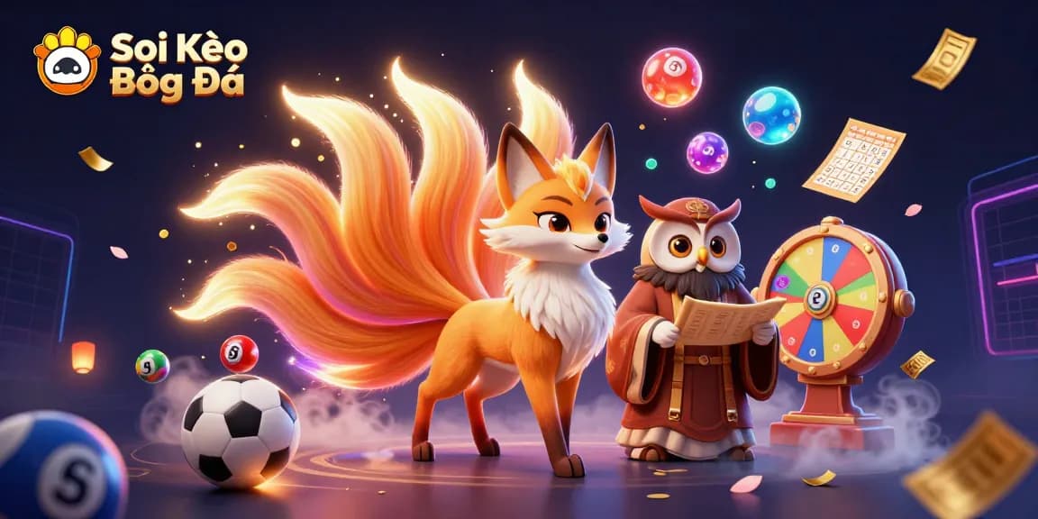 Soi Kèo Bóng Đá reveals an energized scene with a nine-tailed fox spirit and dynamic sports betting elements.