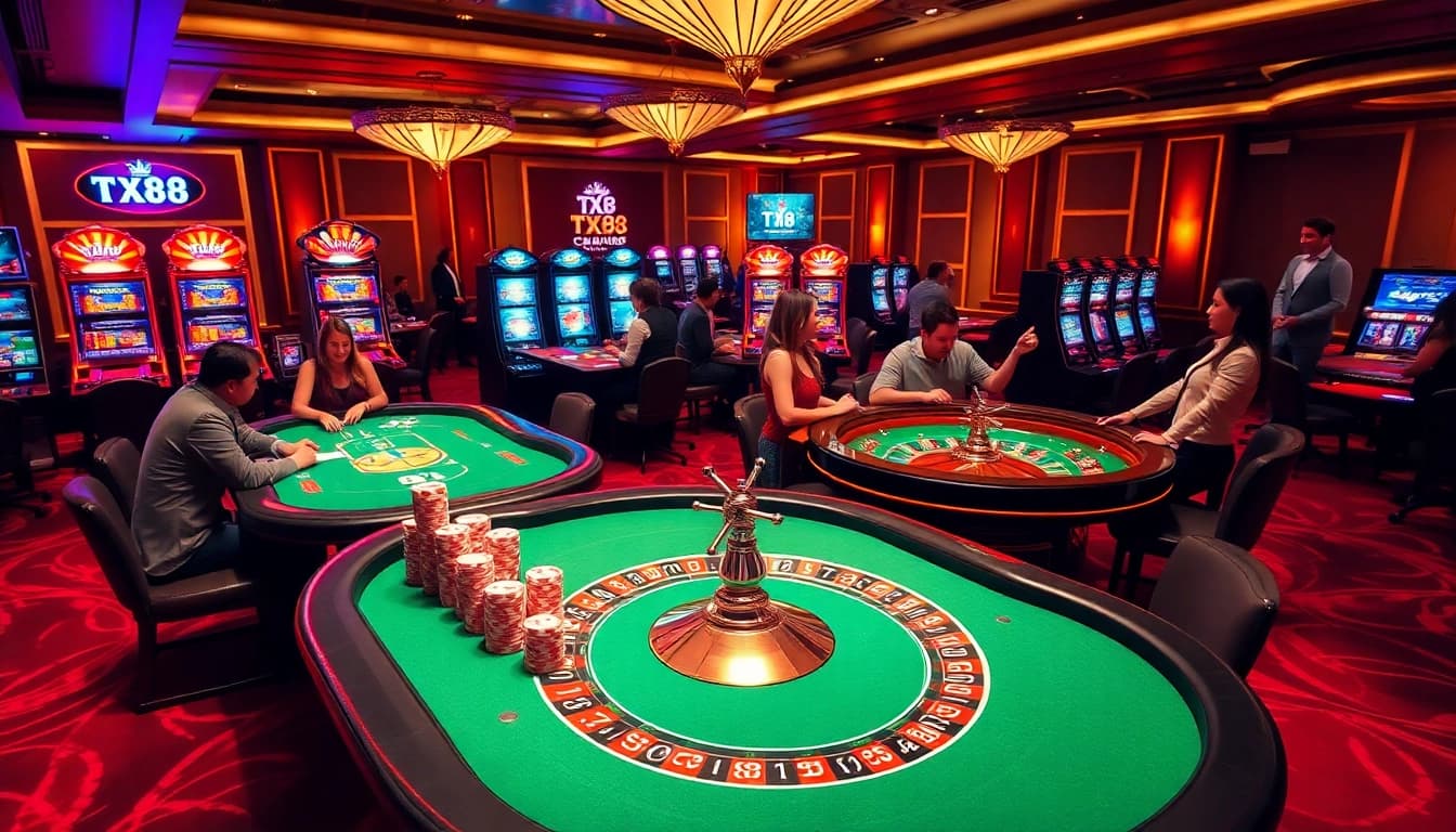 Experience the excitement of TX88 casino with vibrant gaming tables and cheerful players.