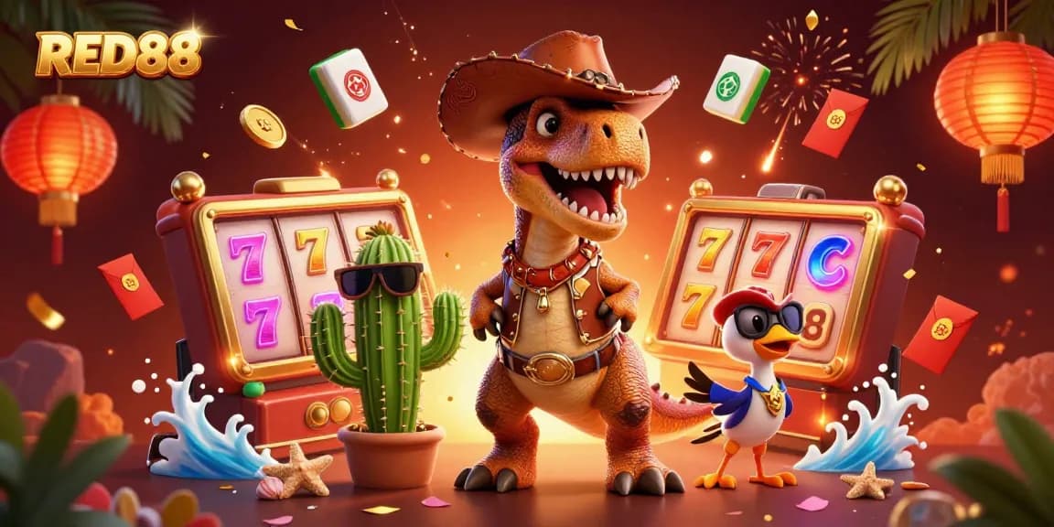 Engage with RED88's exciting slot games featuring a T-Rex cowboy and vibrant casino elements.
