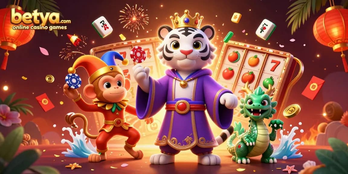 Experience the thrill of betya.com online casino games with vibrant slot reels and playful characters.