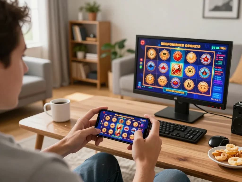 Engaging in mobile gaming with link slot gacor displayed on an online app in a cozy living room.