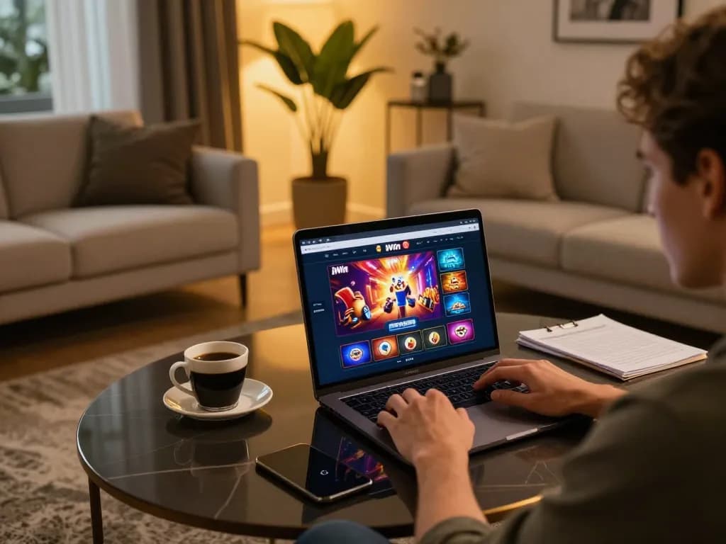 Person engaging in online iWin casino gameplay in a stylish living room, laptop screen showing game interface.