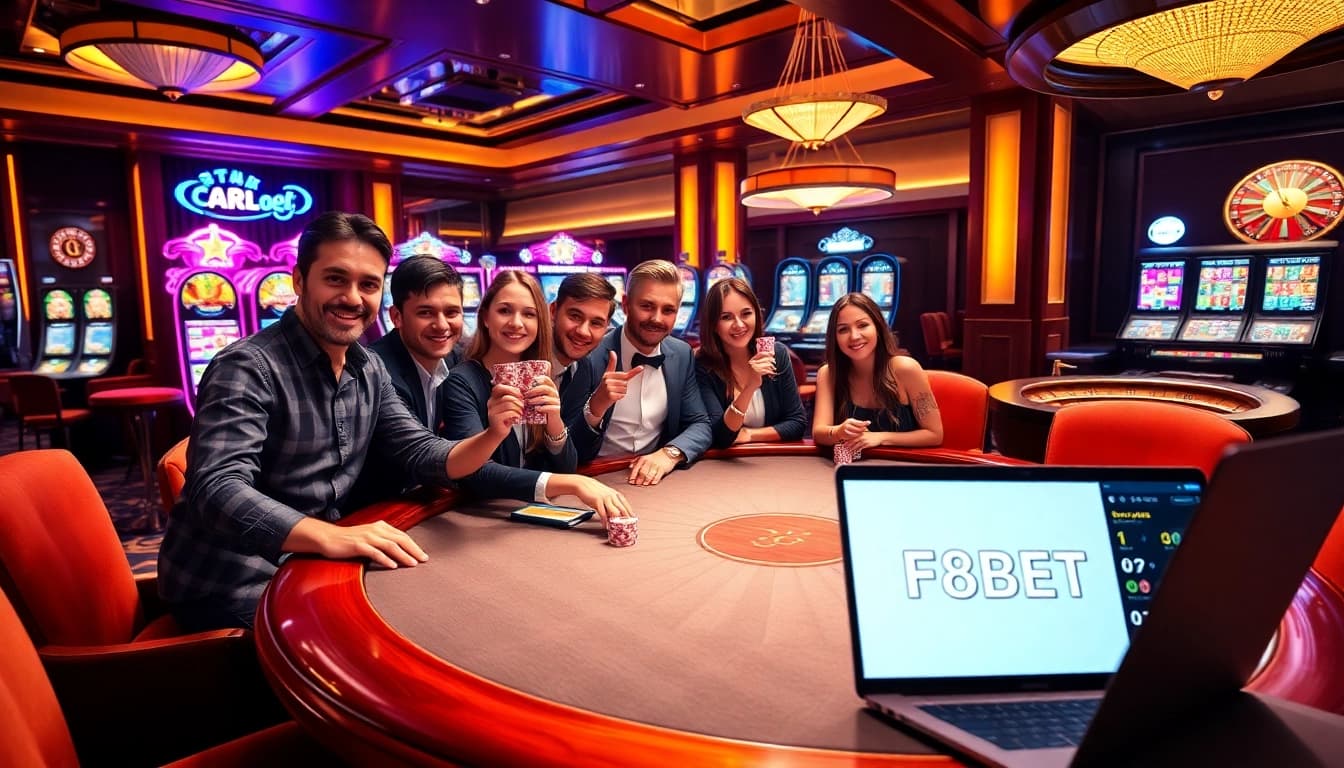 Experience excitement at F8BET with players enjoying poker and vibrant slots in a luxurious casino setting.
