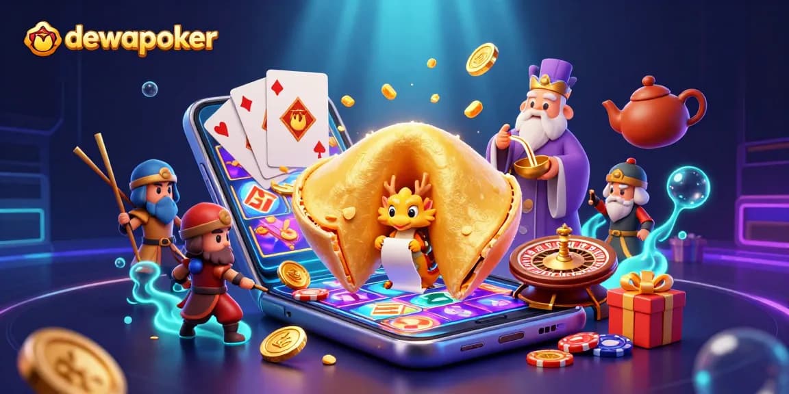 Dewapoker players enjoy an exciting game as golden coins and slot reels animate the scene, enriching their gaming experience.