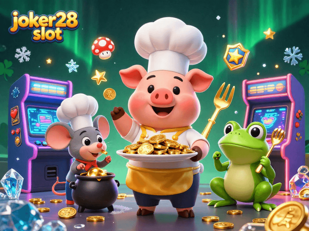 Joker28 slot menampilkan suasana kasino dengan koin emas dan elemen permainan yang menarik.