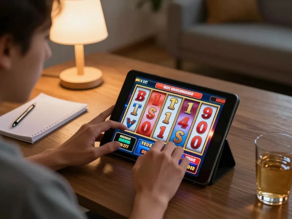 Player interacting with Tr88 link on a tablet, enjoying online slots in cozy home setting.