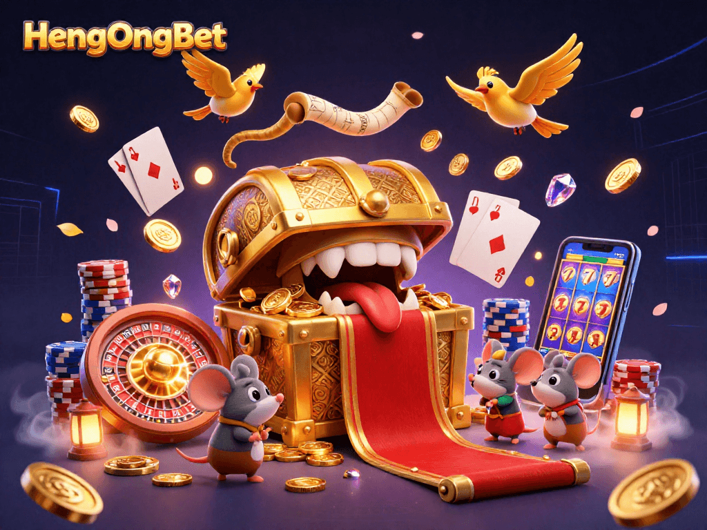 Experience the thrill of HengOngBet with captivating casino elements and charming characters in a rich 3D scene.