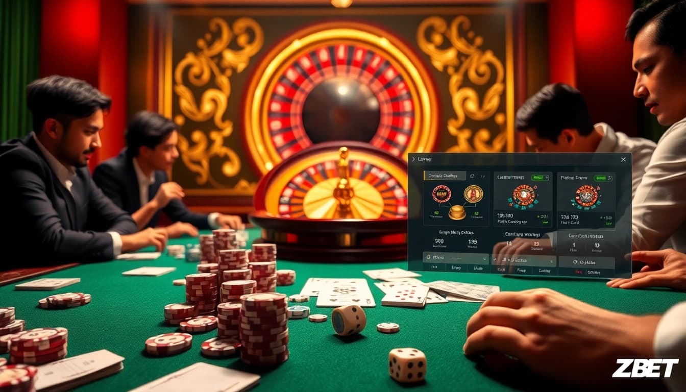 ZBET thrills with a luxurious casino atmosphere featuring poker chips and engaging players.