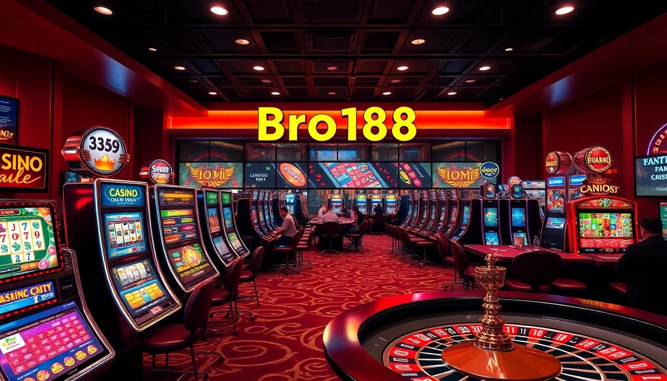 Experience the thrill of Bro138's online gaming with vibrant slot machines and engaging casino elements.