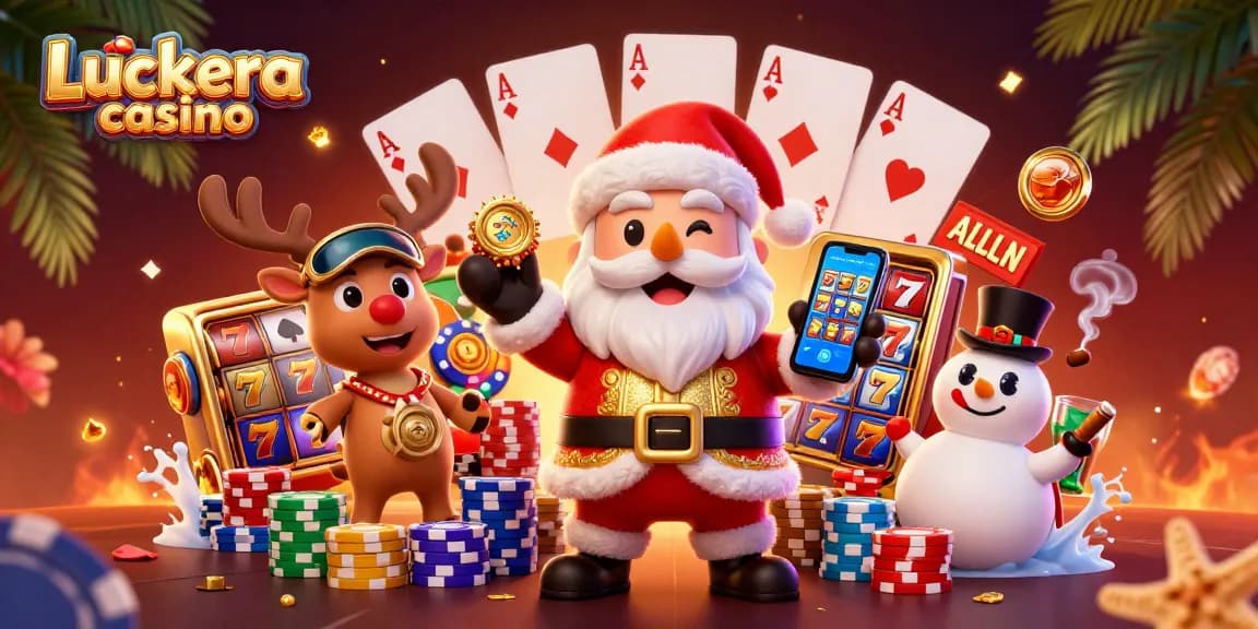 Experience the excitement of Luckera casino with a lively 3D illustration of Santa and friends celebrating jackpots.
