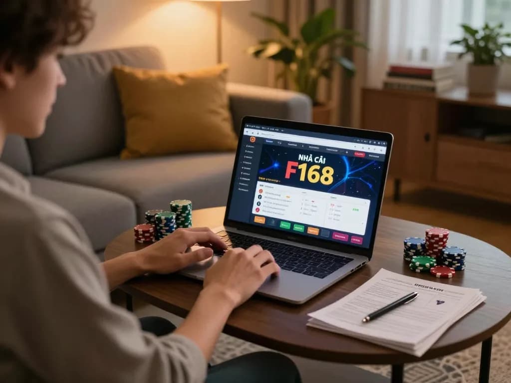 Enjoying NHÀ CÁI F168 online gaming on a laptop at home with poker chips and strategy notes.