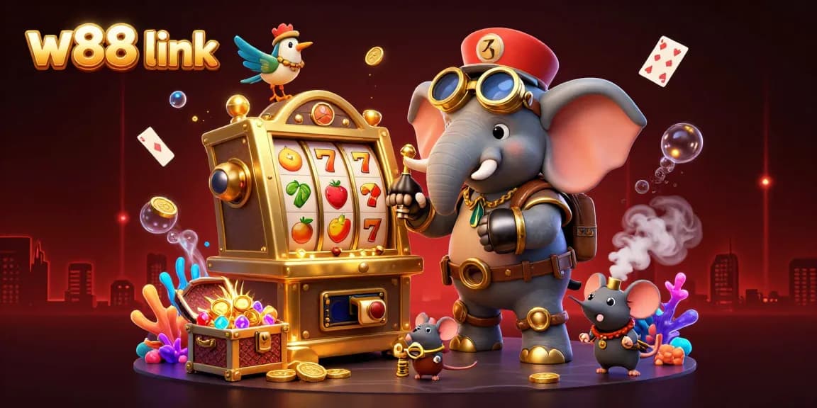 Spin the w88 link slot machine with a steampunk elephant engineer for a chance at winning.