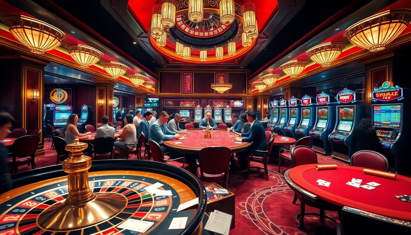 Engaged players at nhà cái 789win enjoying a luxurious casino experience with roulette, poker, and slots.