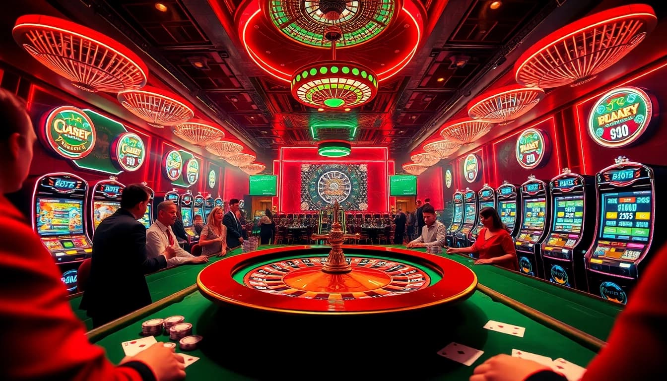 Experience the thrill of jagoan86 with vibrant casino visuals featuring roulette and slot machines.
