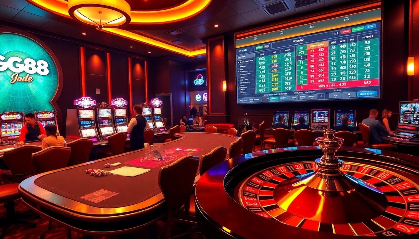 Exciting casino atmosphere featuring GG88 branding with engaging gaming tables and vibrant slot machines.
