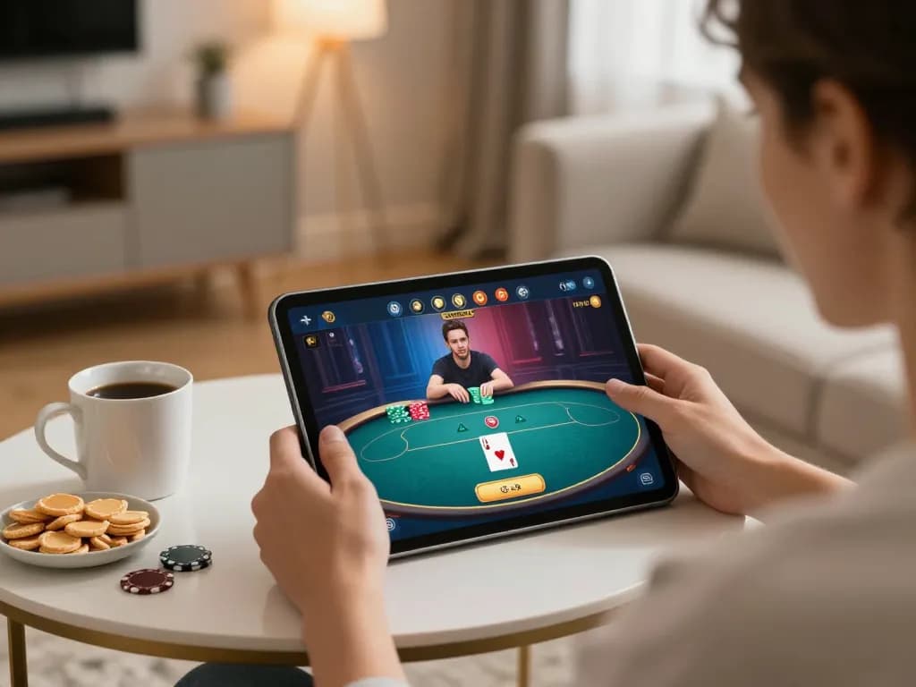 Engaged player enjoying an online gg88 slot game on tablet in a cozy home setting.