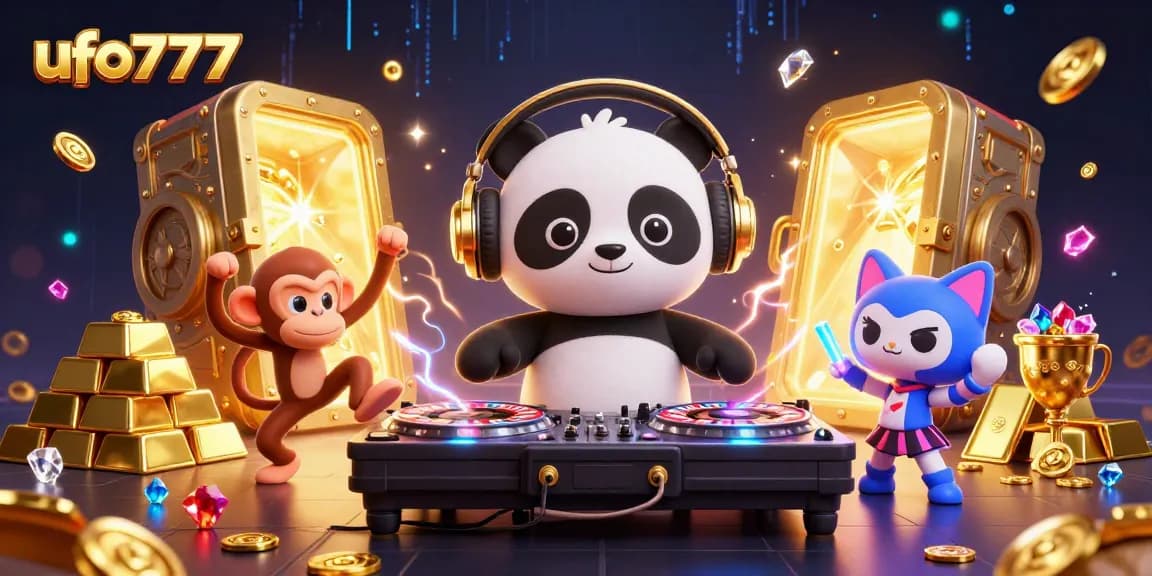 Spin and win with ufo777 in this vibrant casino scene featuring a DJ panda and breakdancing monkey.