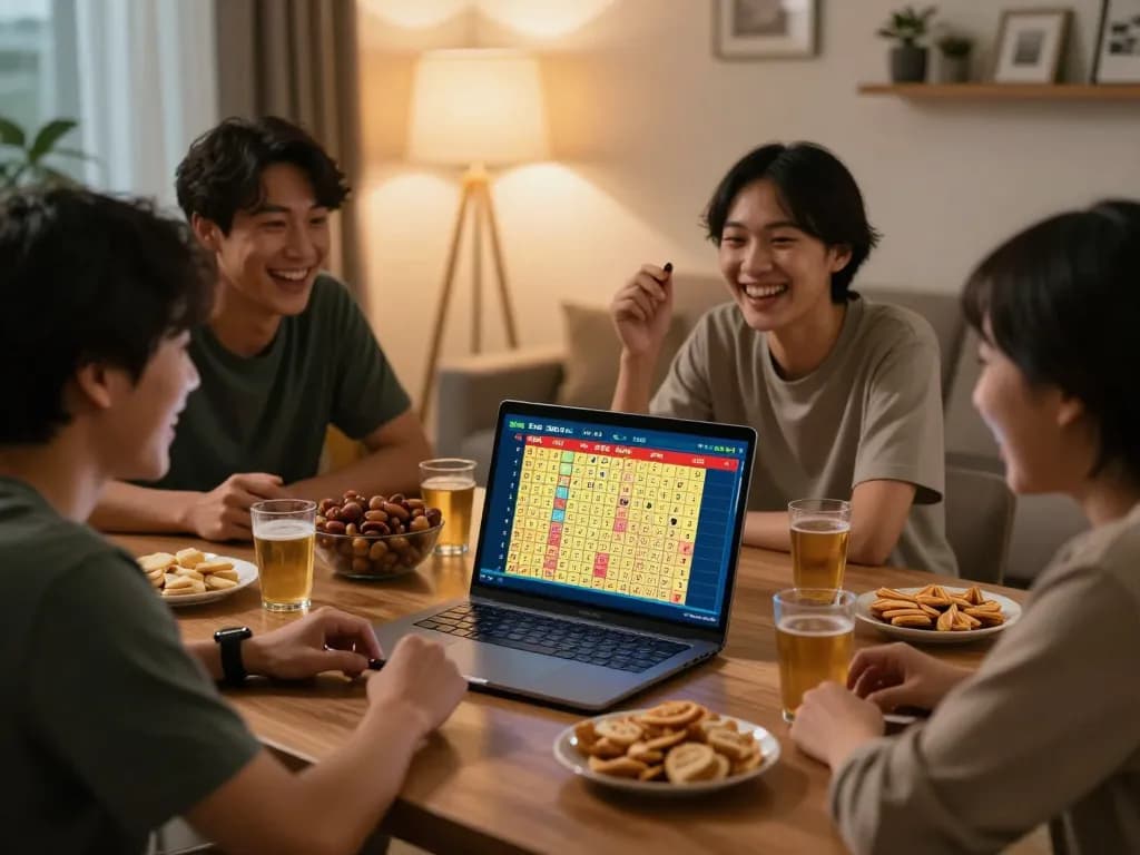 Toto SGP betting excitement as friends enjoy a lively online gambling night.