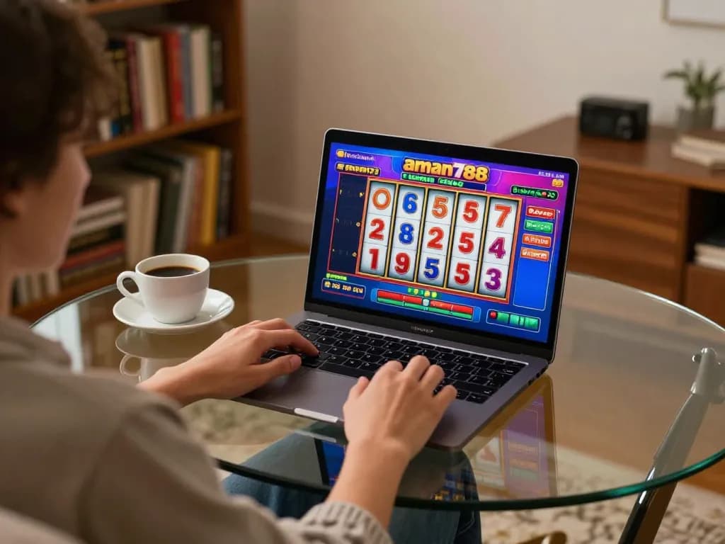 Bermain aman788 slot gacor secara online di rumah dengan laptop yang menampilkan slot yang cerah.