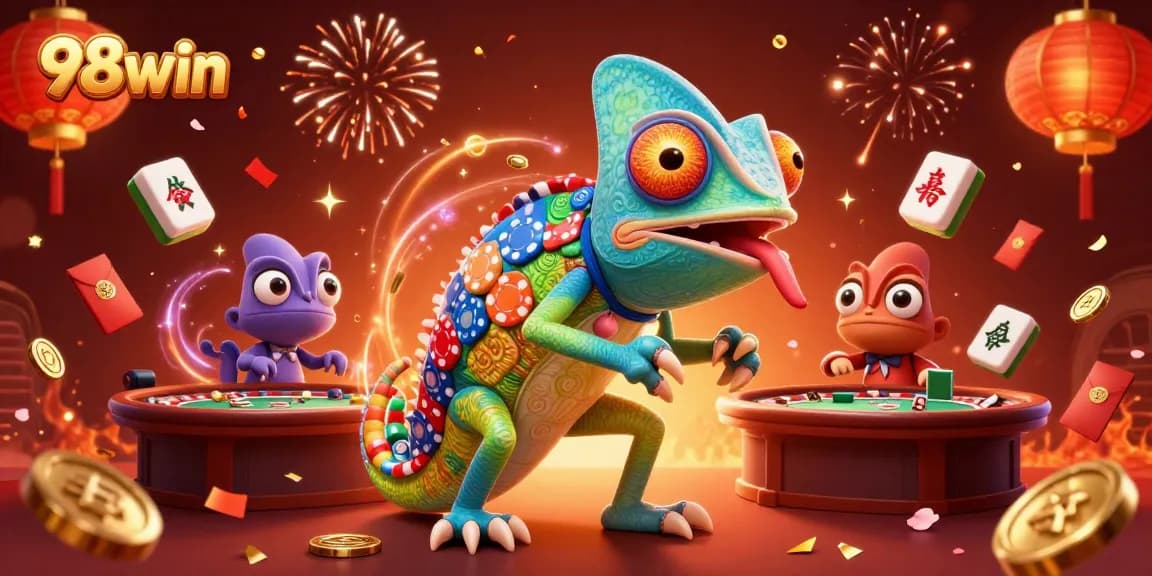 Engage in thrilling gameplay at 98win, where chameleons and casino elements come alive in a lively 3D scene.