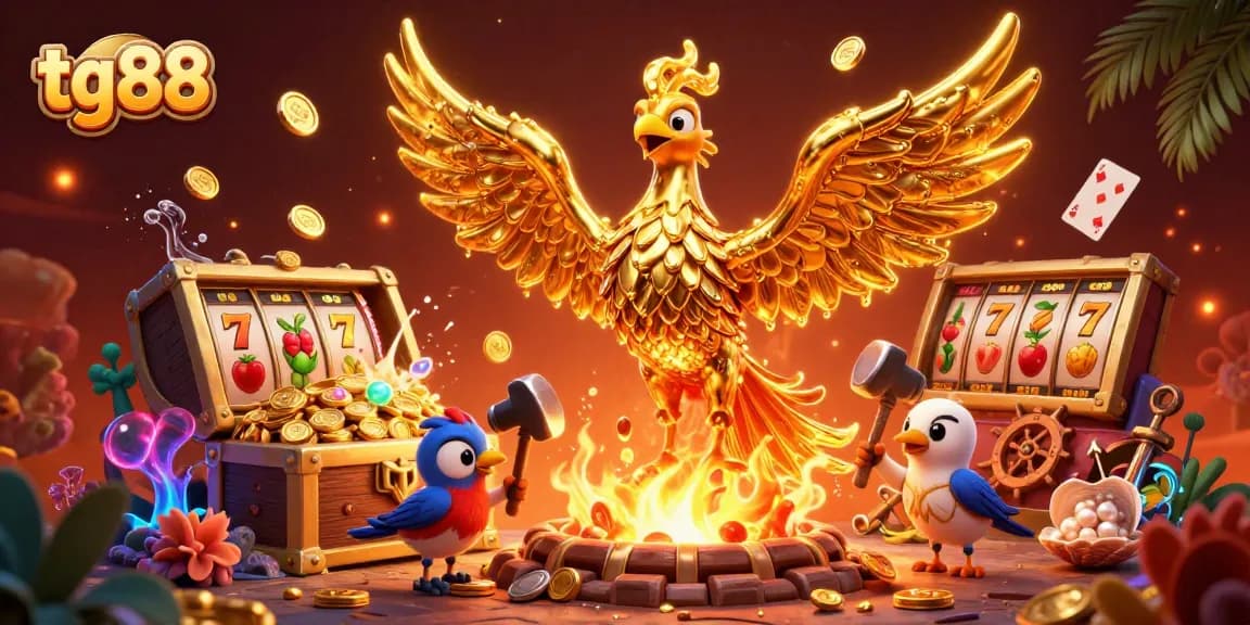 Experience the exhilarating tg88 casino atmosphere with a vibrant 3D scene featuring golden phoenixes and slot reels.